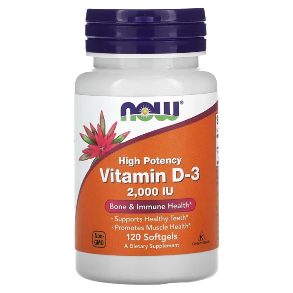 Vitamine D3, Haute efficacité, 50 µg (2000 UI), 120 capsules à enveloppe molle – NOW Foods