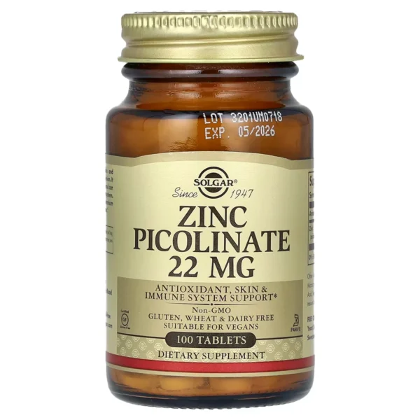 Zinc Picolinate 22 mg, 100 Comprimés – Solgar
