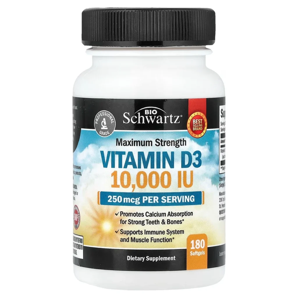 Maximum Strength Vitamin D3 – 250 mcg 10 000 IU – 180 Softgels – BioSchwartz 1
